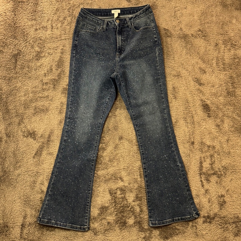 Forever 21 Premium Rhinestone Flare Jeans Blue Medium Wash High Rise‎ Size 12